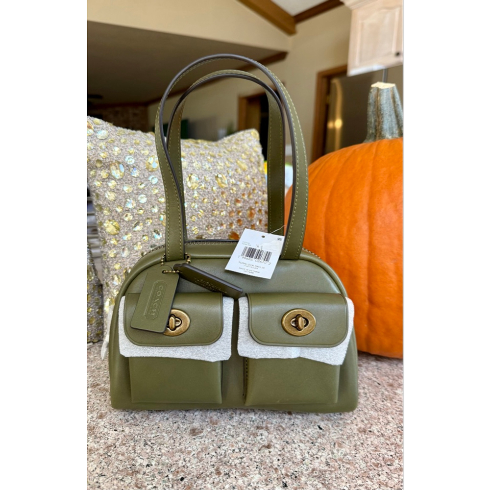 Coach Olive Green Leather Satchel with Gold Hardware and Front Pockets - Picture 2 of 6